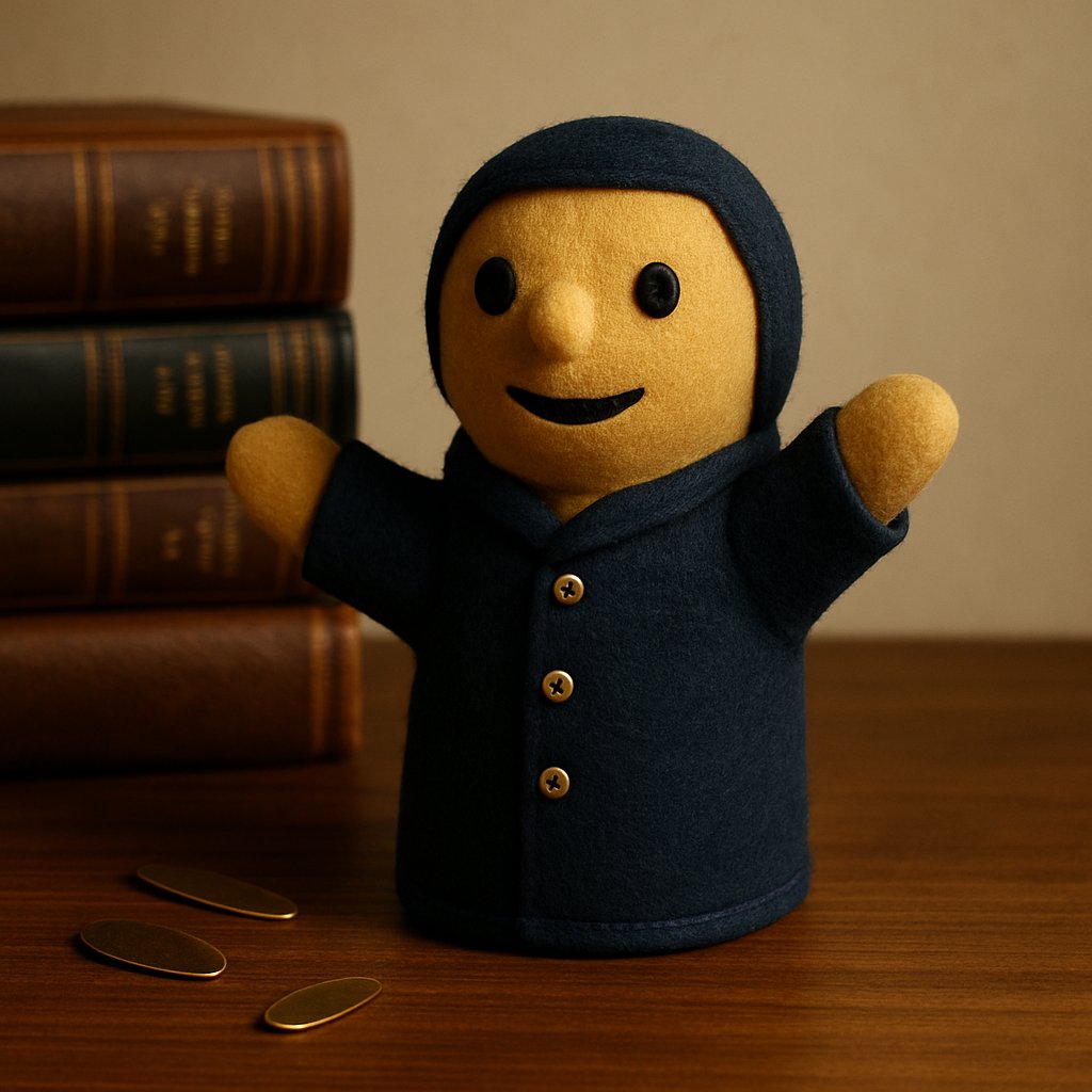 Ink‑blue accented puppet with brass page markers and classic novels